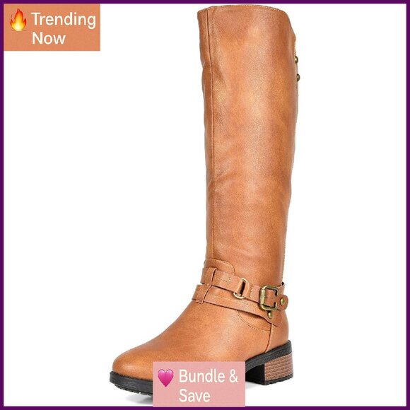 Knee High Riding Boots with Buckle Strap Faux Fur Lined 1.25